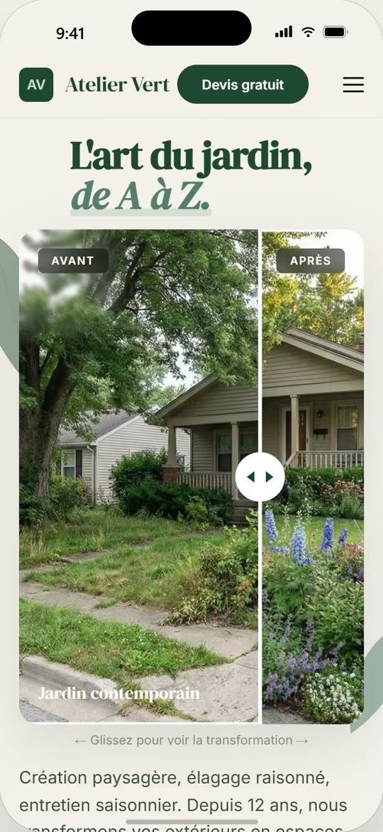 Le site d'un paysagiste sur téléphone : un avant / après de chantier et le numéro en haut.